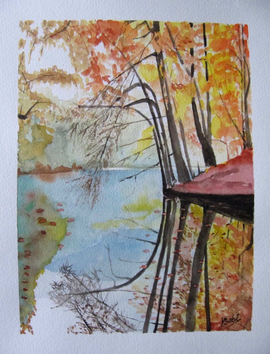 Paysage de lac en automne en peinture aquarelle originale
