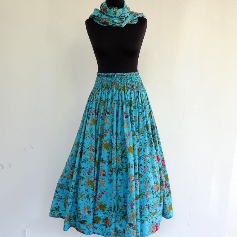 Jupe longue fleurs bleu turquoise en coton Oiseaux de paradis avec charpe assortie