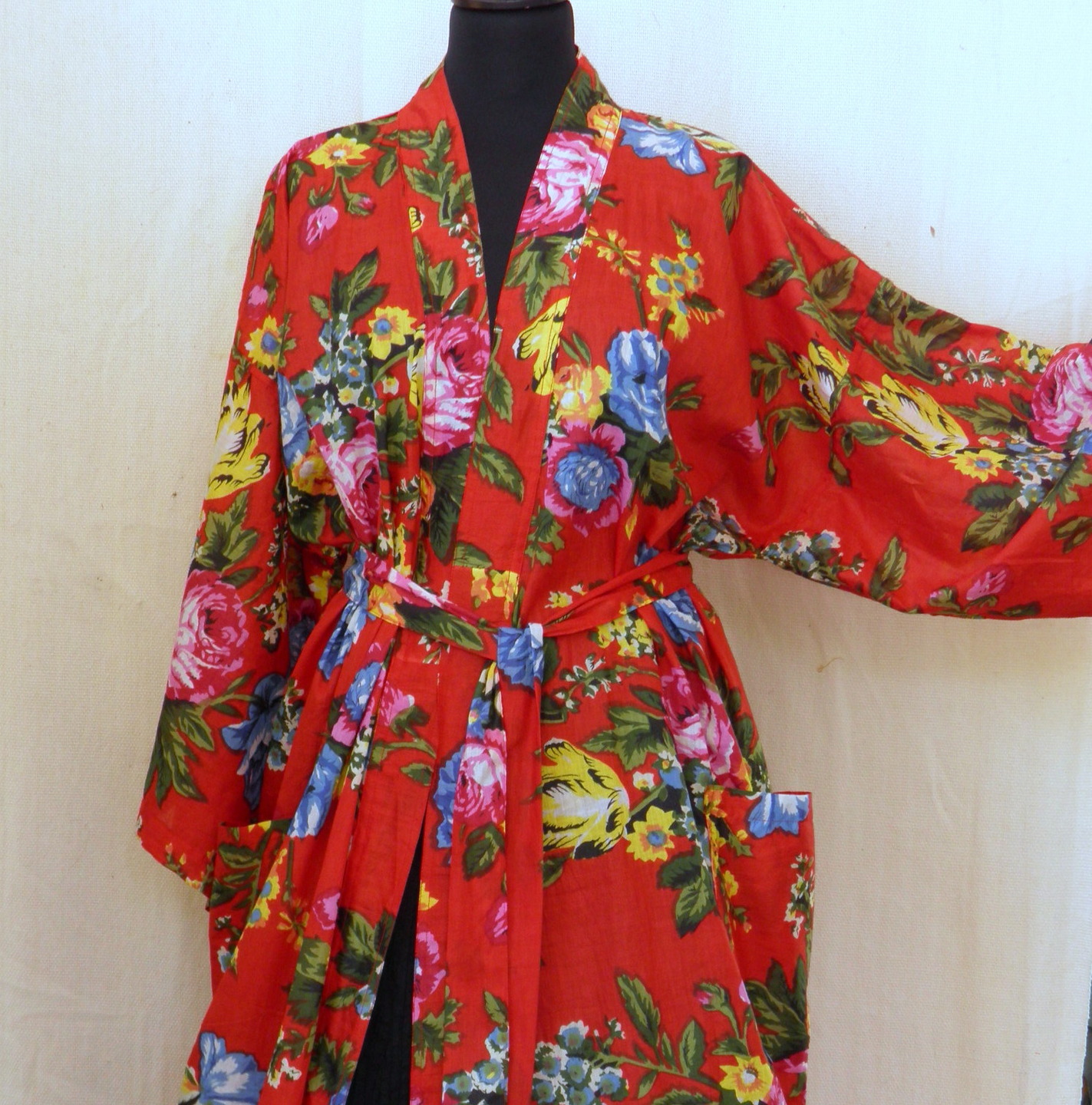 Kimono robe de chambre rouge en coton imprimé shalimar : mode-autres