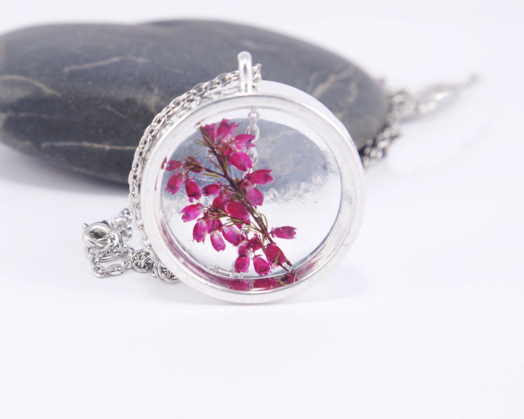 Collier Avec Pendentif Rond En Résine Véritable Fleur Séchée Bijoux Style Vintage Collier Fleurs Séchées En Résine